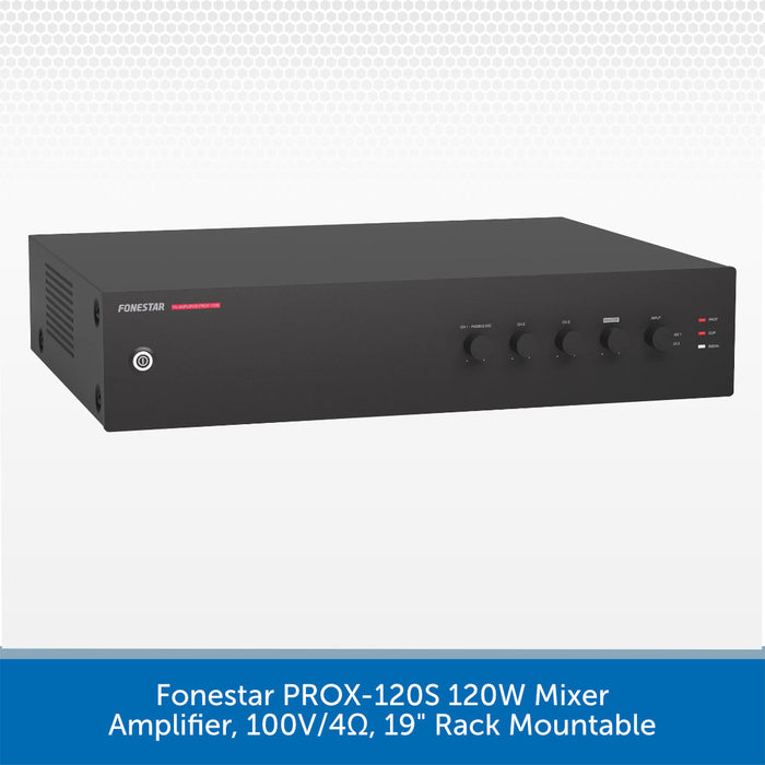 A black rectangular audio mixer amplifier with front control knobs and a small red FORESTAR logo, shown on a light gray background with a blue text banner at the bottom reading 'Forestar PROX-120S 120W Mixer Amplifier, 100V/4Ω, 19" Rack Mountable'.