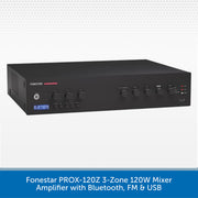 A black Forestar PROX-120Z 3-Zone 120W Mixer Amplifier with Bluetooth, FM & USB, shown on a white background with a blue text banner at the bottom.