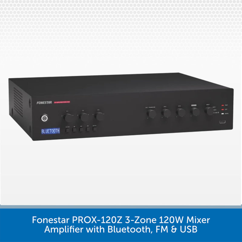 A black Forestar PROX-120Z 3-Zone 120W Mixer Amplifier with Bluetooth, FM & USB, shown on a white background with a blue text banner at the bottom.