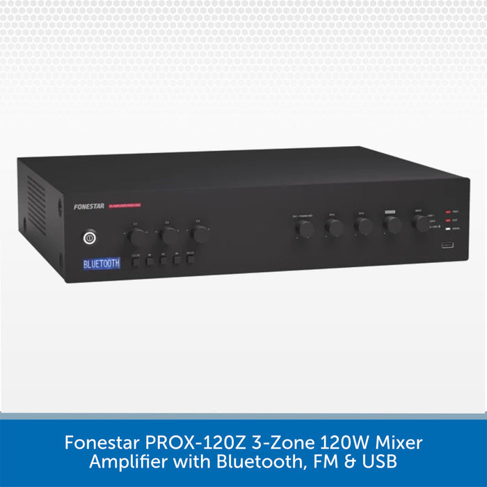 A black Forestar PROX-120Z 3-Zone 120W Mixer Amplifier with Bluetooth, FM & USB, shown on a white background with a blue text banner at the bottom.