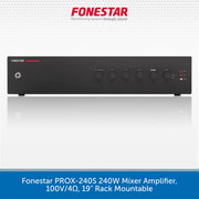 A black rectangular audio amplifier mixer unit with multiple rotary knobs and small red LED indicators, shown on a light gray background with the brand name Fonestar at the top and a blue text banner at the bottom.