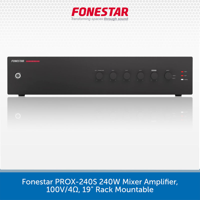 A black rectangular audio amplifier mixer unit with multiple rotary knobs and small red LED indicators, shown on a light gray background with the brand name Fonestar at the top and a blue text banner at the bottom.