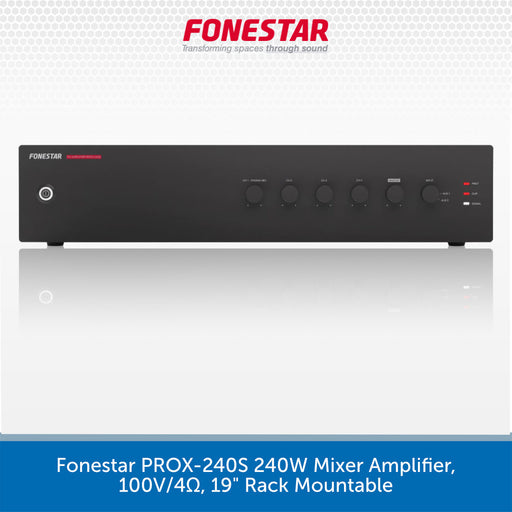A black rectangular audio amplifier mixer unit with multiple rotary knobs and small red LED indicators, shown on a light gray background with the brand name Fonestar at the top and a blue text banner at the bottom.