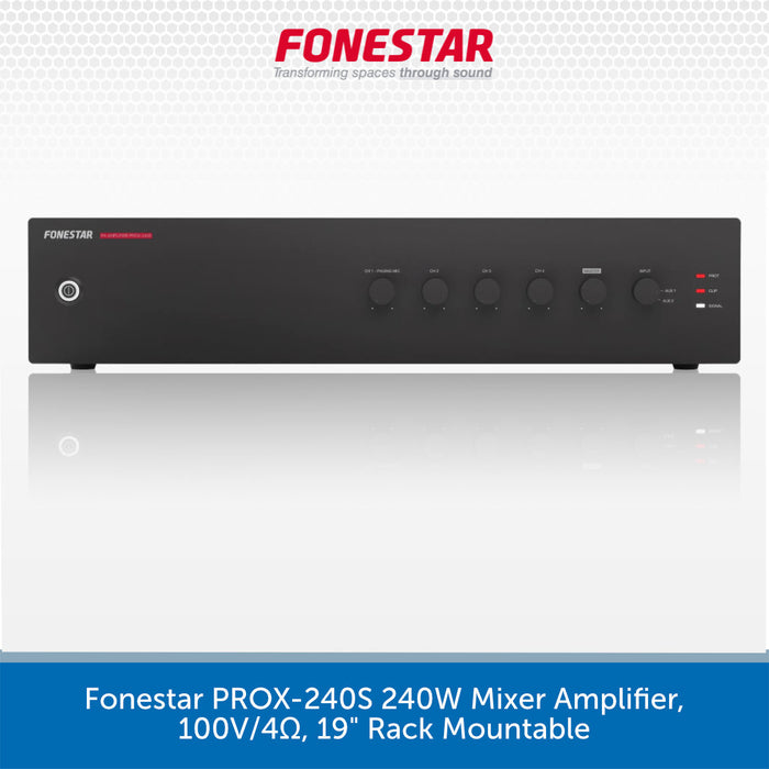 A black rectangular audio amplifier mixer unit with multiple rotary knobs and small red LED indicators, shown on a light gray background with the brand name Fonestar at the top and a blue text banner at the bottom.
