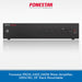 A black rectangular audio amplifier mixer unit with multiple rotary knobs and small red LED indicators, shown on a light gray background with the brand name Fonestar at the top and a blue text banner at the bottom.