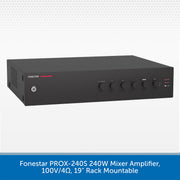 A black 19-inch rack-mountable mixer amplifier by Fonestar, shown from a three-quarters angle on a light gray background with a blue text banner at the bottom.