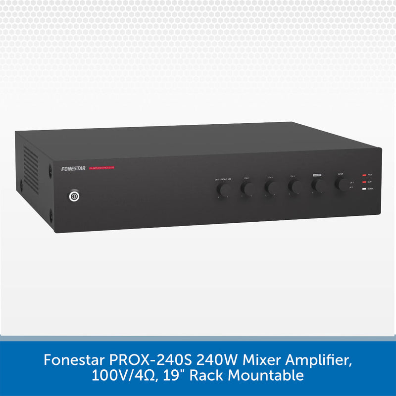 A black 19-inch rack-mountable mixer amplifier by Fonestar, shown from a three-quarters angle on a light gray background with a blue text banner at the bottom.