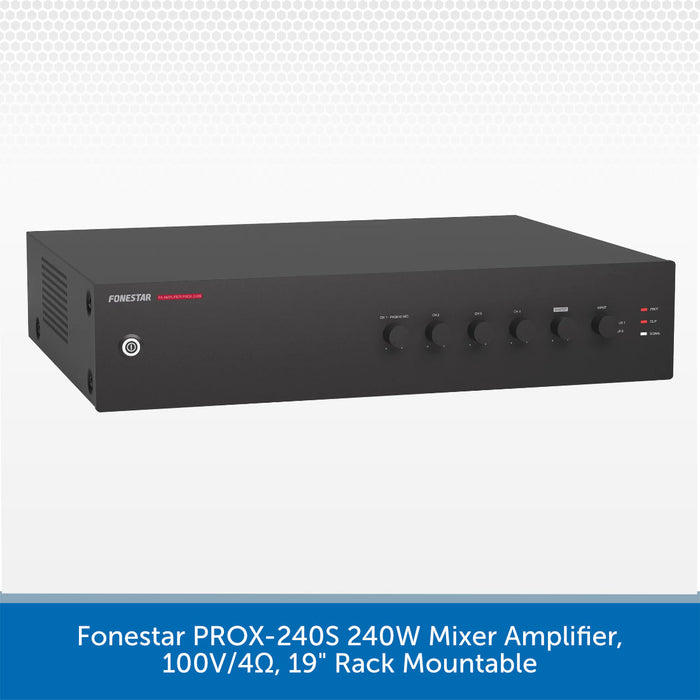 A black 19-inch rack-mountable mixer amplifier by Fonestar, shown from a three-quarters angle on a light gray background with a blue text banner at the bottom.