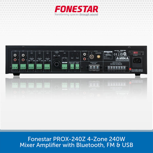 A black Fonestar PROX-240Z 4-Zone 240W Mixer Amplifier with Bluetooth, FM & USB, shown from the rear against a white background with a reflection below. The brand name 'FONESTAR' is displayed at the top, and a blue banner at the bottom contains product specifications.