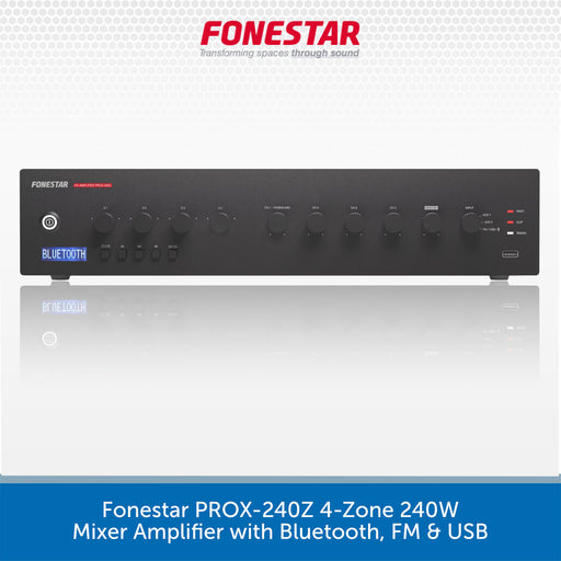 A black rectangular audio amplifier labeled Fonestar, shown against a light gray background with a blue banner at the bottom. The device has multiple front knobs, a Bluetooth logo, and text indicating Bluetooth, FM, and USB support.