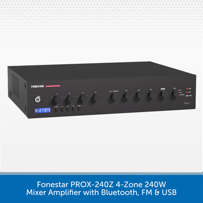 A black 4-zone mixer amplifier by Fonestar, featuring multiple rotary knobs, a blue Bluetooth indicator light, and USB ports on the front panel, set against a light gray background with a blue text banner at the bottom.