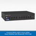 A black 4-zone mixer amplifier by Fonestar, featuring multiple rotary knobs, a blue Bluetooth indicator light, and USB ports on the front panel, set against a light gray background with a blue text banner at the bottom.