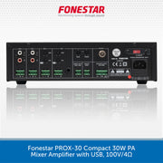 Rear panel view of a black Fonestar PROX-30 Compact 30W PA Mixer Amplifier with USB, 100V/4Ω, shown on a white background with a blue text banner at the bottom.