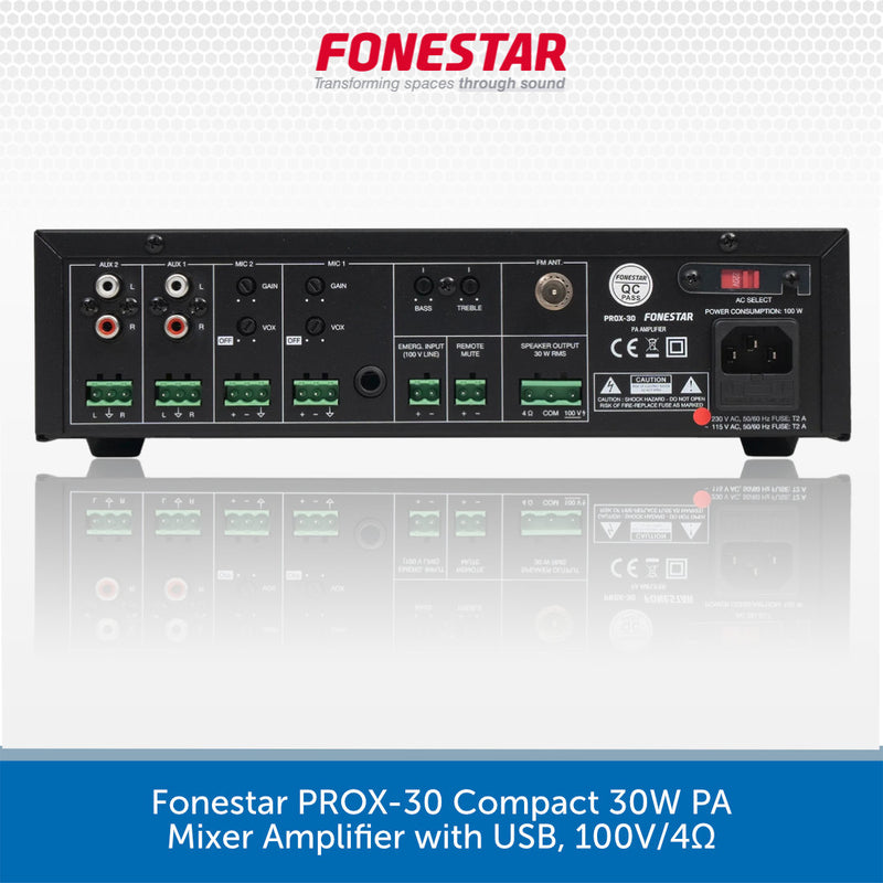 Rear panel view of a black Fonestar PROX-30 Compact 30W PA Mixer Amplifier with USB, 100V/4Ω, shown on a white background with a blue text banner at the bottom.