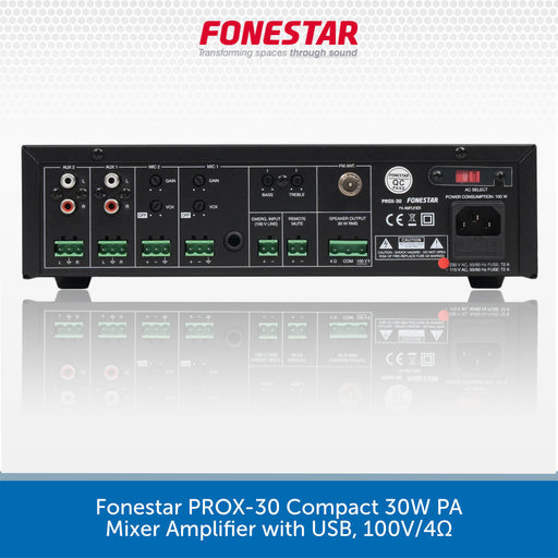 Rear panel view of a black Fonestar PROX-30 Compact 30W PA Mixer Amplifier with USB, 100V/4Ω, shown on a white background with a blue text banner at the bottom.