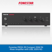 A black Fonestar Prox-30 Compact 30W PA Mixer Amplifier with USB port, shown from the front on a light gray background with a blue banner at the bottom containing product text.