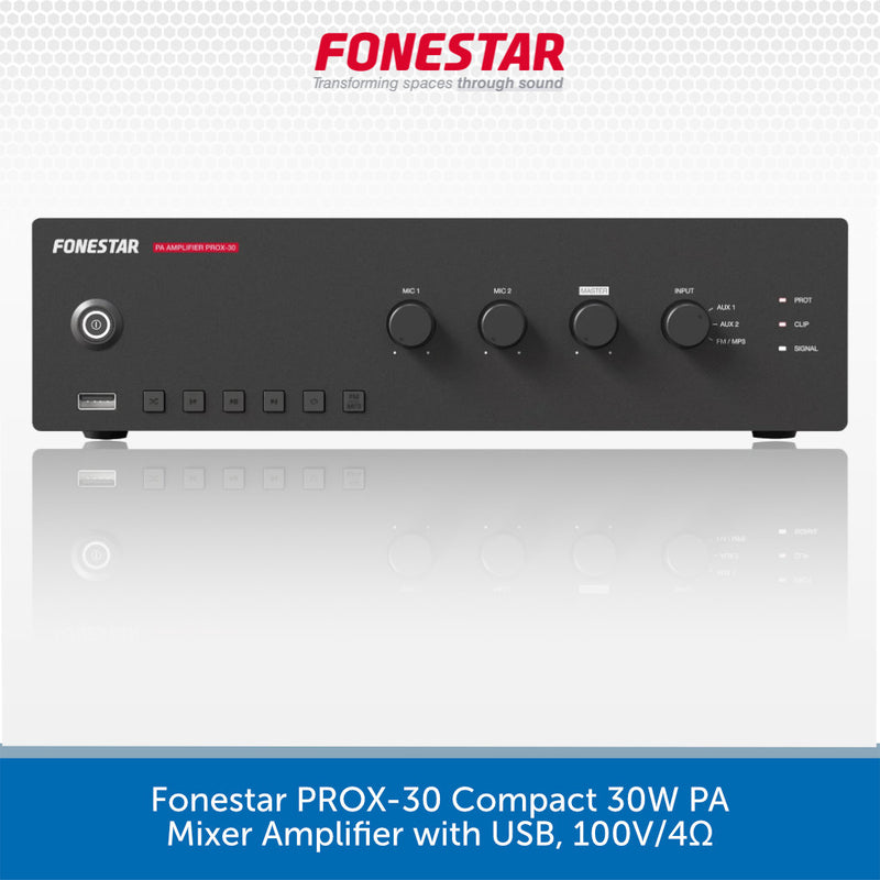 A black Fonestar Prox-30 Compact 30W PA Mixer Amplifier with USB port, shown from the front on a light gray background with a blue banner at the bottom containing product text.