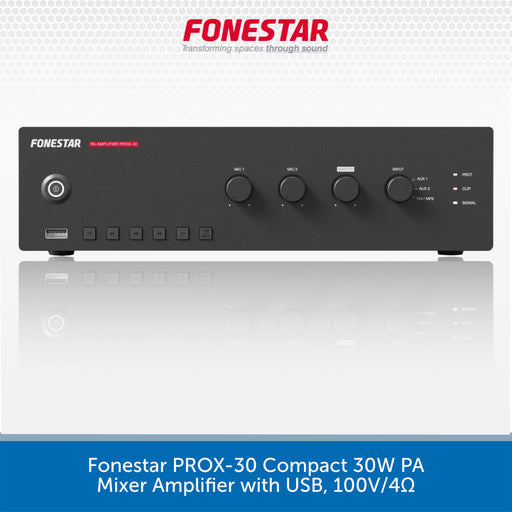 A black Fonestar Prox-30 Compact 30W PA Mixer Amplifier with USB port, shown from the front on a light gray background with a blue banner at the bottom containing product text.