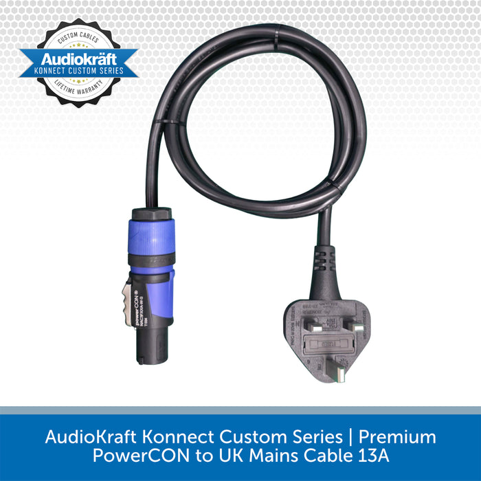 A black AudioKraft Konnect Custom Series 13A PowerCON cable with a blue and black connector on one end and a UK three-pin mains plug on the other, shown on a white background with a blue banner at the bottom.