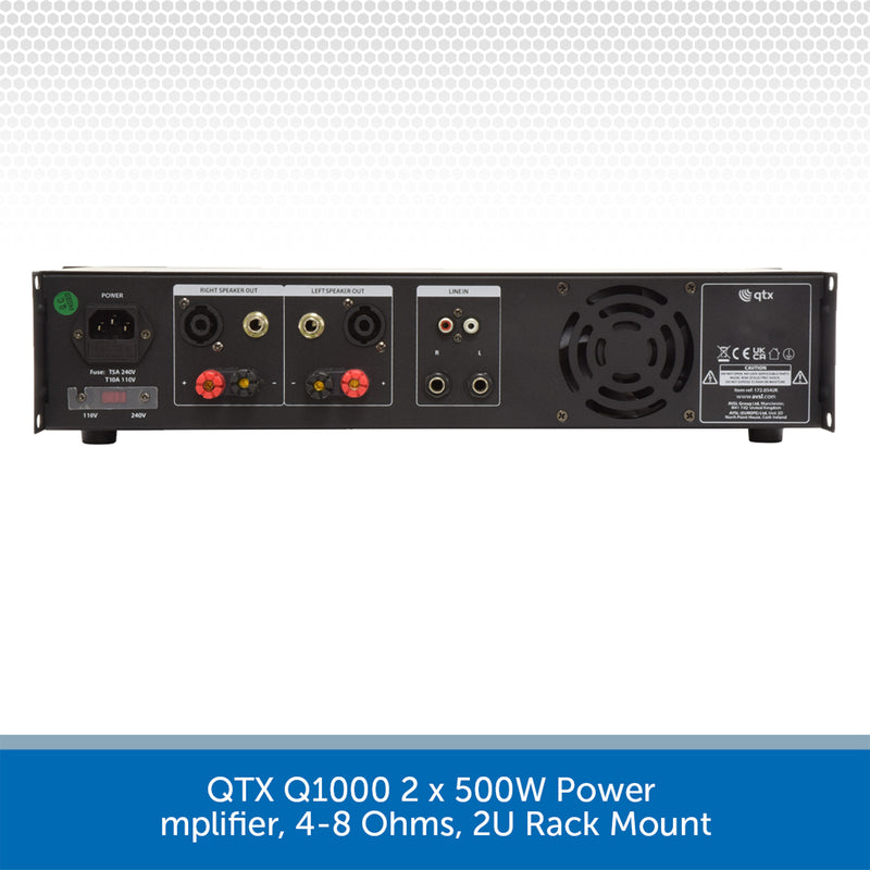 QTX Q1000 2 x 500W Power Amplifier, 4-8 Ohms, 2U Rack Mount