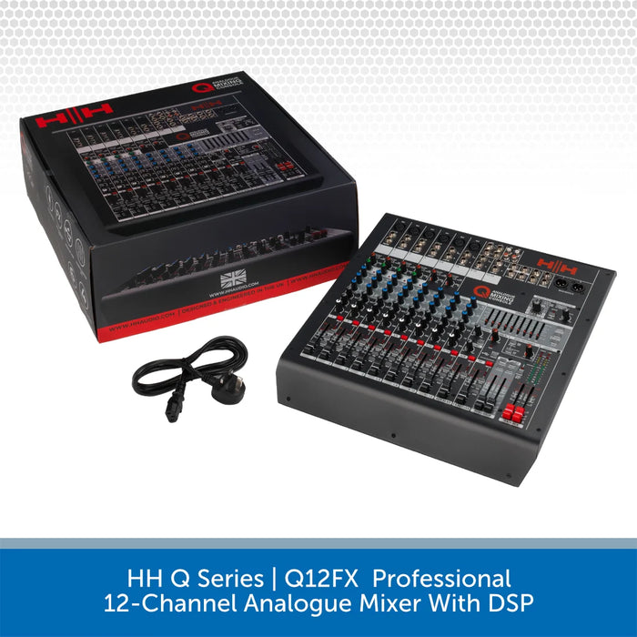 HH Q Series Q12FX professional 12-channel analogue mixer with DSP on a white background