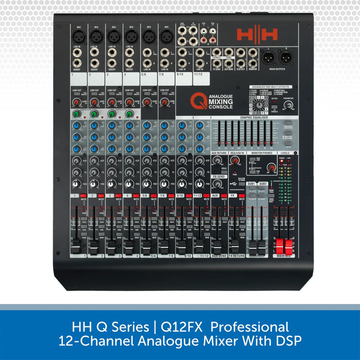 HH Q Series Q12FX professional 12-channel analogue mixer with DSP on a white background