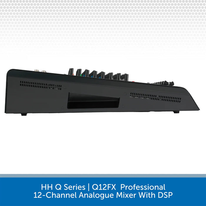 Black 12-channel analogue mixer with DSP on a white background