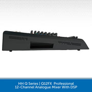 Black 12-channel analogue mixer with DSP on a white background