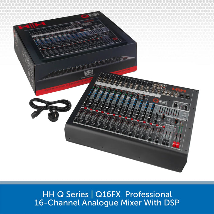 HH Q Series Q16FX professional 16-channel analogue mixer with DSP on a white background