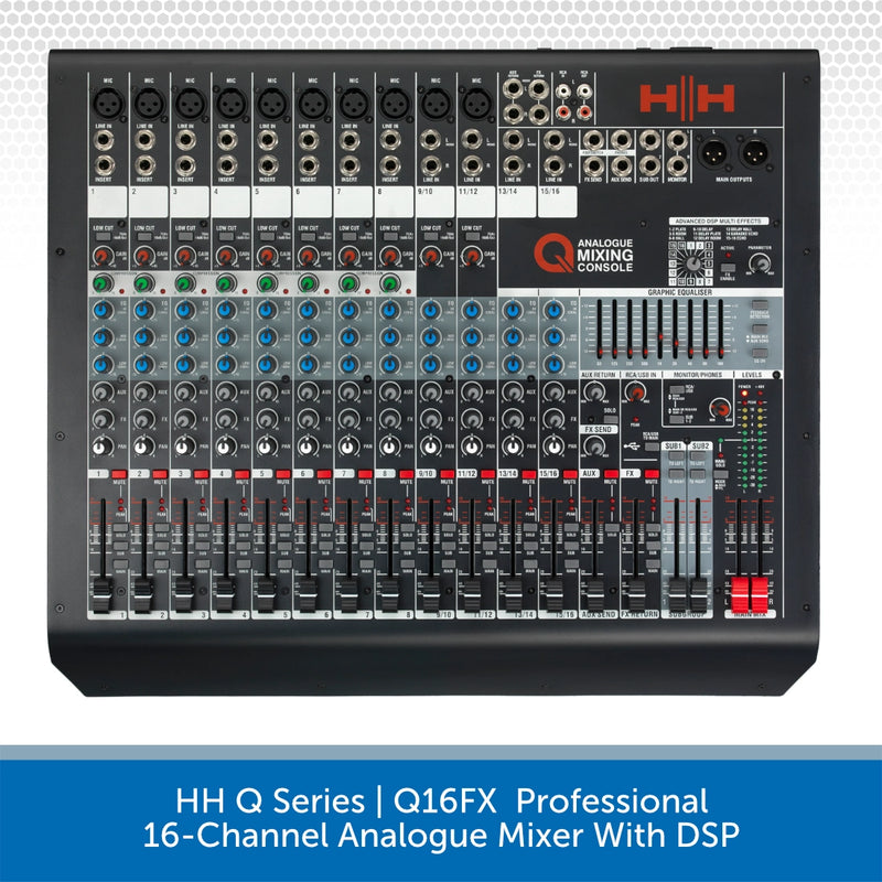 HH Q Series Q16FX professional 16-channel analogue mixer with DSP on a white background