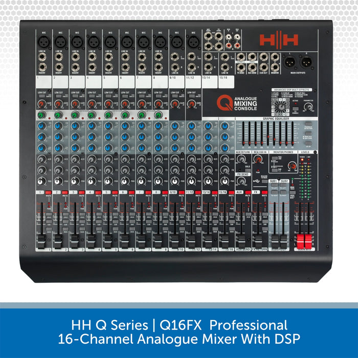 HH Q Series Q16FX professional 16-channel analogue mixer with DSP on a white background