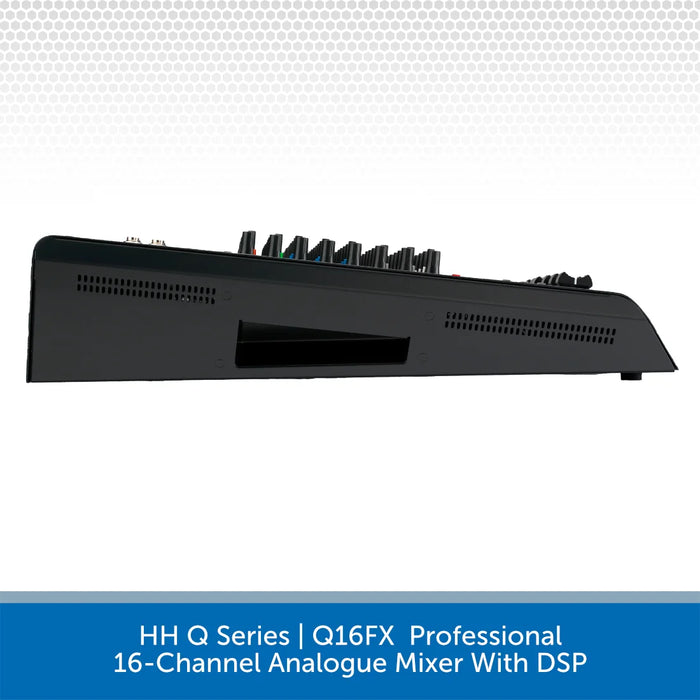 Black 16-channel analogue mixer with DSP on a white background