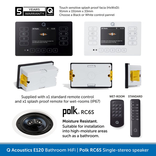 Q Acoustics E120 Bathroom Installed HiFi System, Bluetooth & DAB Radio, Q Polk RC6S single stereo speaker