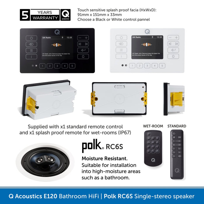Q Acoustics E120 Bathroom Installed HiFi System, Bluetooth & DAB Radio, Q Polk RC6S single stereo speaker