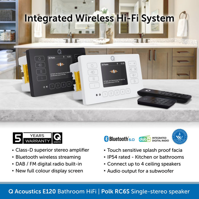 Q Acoustics E120 Bathroom Installed HiFi System, Bluetooth & DAB Radio, Q Polk RC6S single stereo speaker