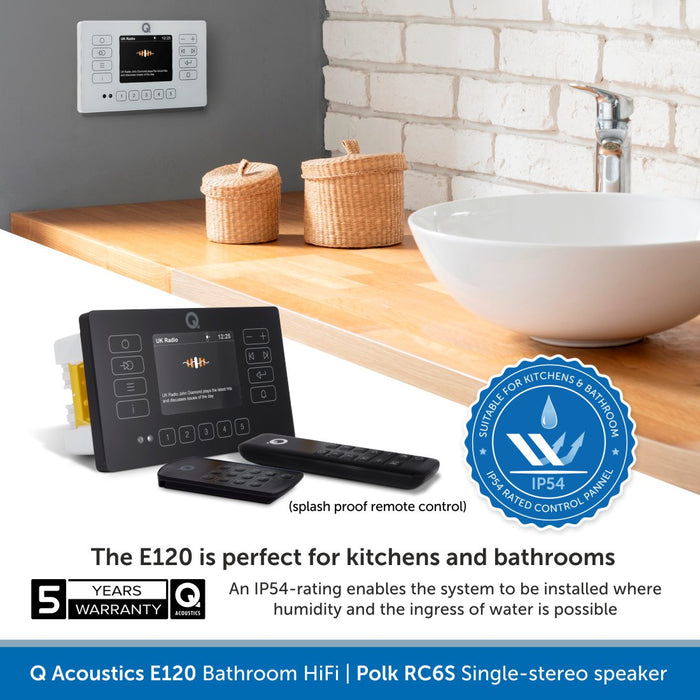 Q Acoustics E120 Bathroom Installed HiFi System, Bluetooth & DAB Radio, Q Polk RC6S single stereo speaker