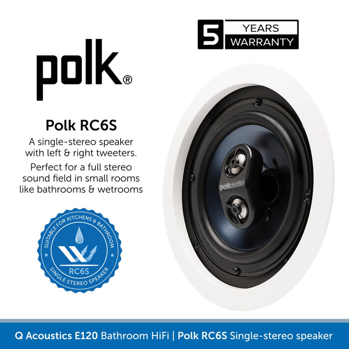 Q Acoustics E120 Bathroom Installed HiFi System, Bluetooth & DAB Radio, Q Polk RC6S single stereo speaker