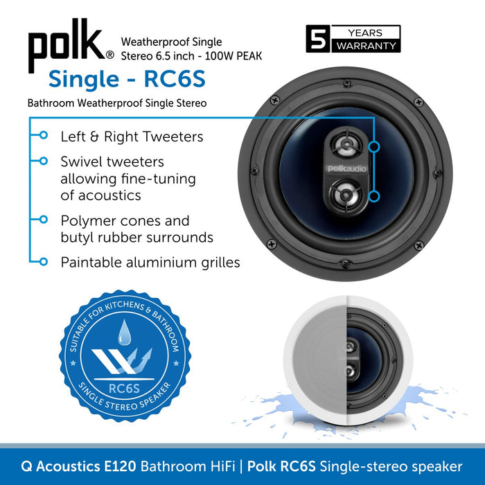 Q Acoustics E120 Bathroom Installed HiFi System, Bluetooth & DAB Radio, Q Polk RC6S single stereo speaker