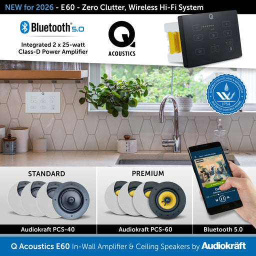 Q Acoustics E60 audio system with amplifier and speakers in a kitchen setting, featuring Bluetooth 5.0 and Audikraft branding.