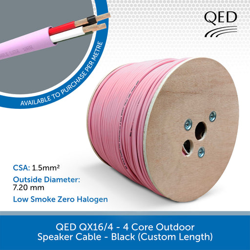 Pink speaker cable wound on a wooden spool with product specifications and a small inset showing the cable cross-section. Brand QED is visible.