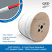 A spool of white PVC speaker cable on a light gray background with product details, including CSA 1.5mm², outside diameter 6.