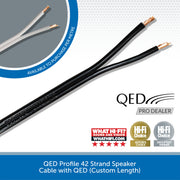 Black 42-strand speaker cable with copper-colored terminal ends, shown on a white and blue promotional background with the QED logo and Hi-Fi Choice badges.