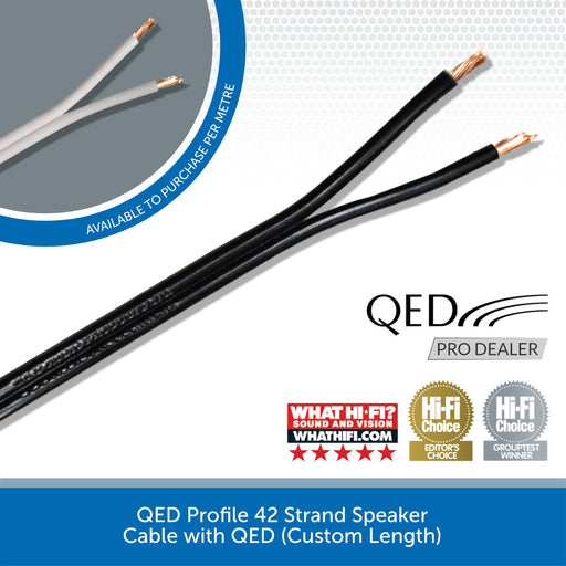 Black 42-strand speaker cable with copper-colored terminal ends, shown on a white and blue promotional background with the QED logo and Hi-Fi Choice badges.