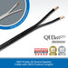Black 42-strand speaker cable with copper-colored terminal ends, shown on a white and blue promotional background with the QED logo and Hi-Fi Choice badges.