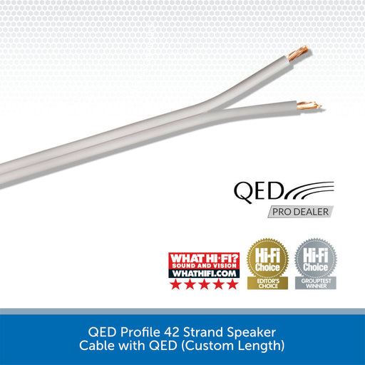 A pair of white speaker cable with copper-colored inner wires, shown on a white background with QED branding and award badges. Text at the bottom reads 'QED Profile 42 Strand Speaker Cable with QED (Custom Length)'.