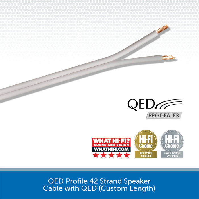A pair of white speaker cable with copper-colored inner wires, shown on a white background with QED branding and award badges. Text at the bottom reads 'QED Profile 42 Strand Speaker Cable with QED (Custom Length)'.