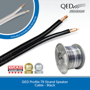 Black QED Profile 79 strand speaker cable shown on a spool with exposed copper wire ends, alongside a circular inset of white cable ends and a blue banner reading 'Available to purchase per metre.' Visible branding includes QED and HIFI Choice badges.