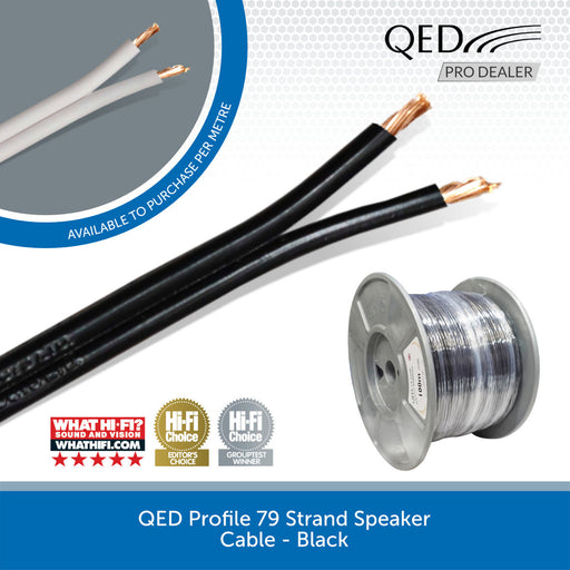 Black QED Profile 79 strand speaker cable shown on a spool with exposed copper wire ends, alongside a circular inset of white cable ends and a blue banner reading 'Available to purchase per metre.' Visible branding includes QED and HIFI Choice badges.