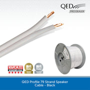 QED Profile 79 strand speaker cable in black, shown as two cut ends with exposed copper wires and a spool of the white-wrapped cable on a gray spool, with QED branding and award badges on a white background.