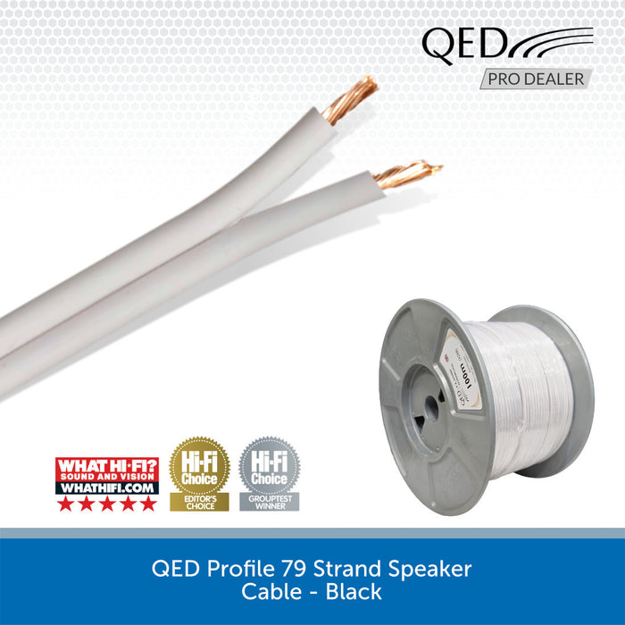 QED Profile 79 strand speaker cable in black, shown as two cut ends with exposed copper wires and a spool of the white-wrapped cable on a gray spool, with QED branding and award badges on a white background.